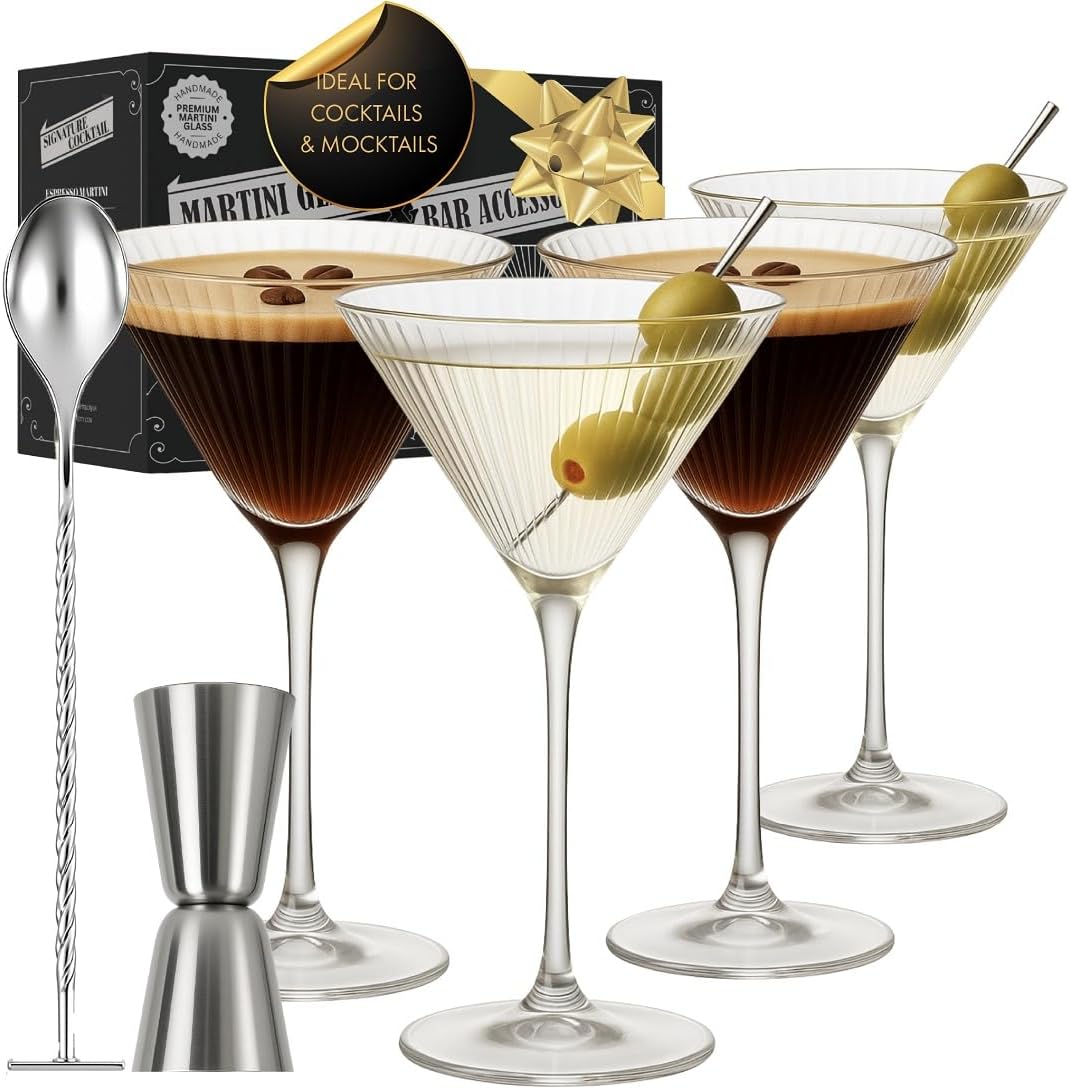 Ribbed Martini Glasses Set of 4 with Silver Bar Tools for Cocktails