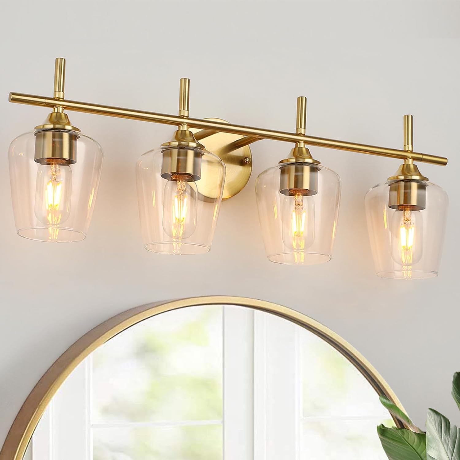 Modern 4-Light Gold Bathroom Vanity Light with Clear Glass Shade