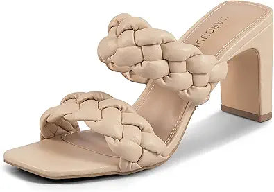 Carcuume Womens Braided Heels Square Open Toe Comfortable Sandals