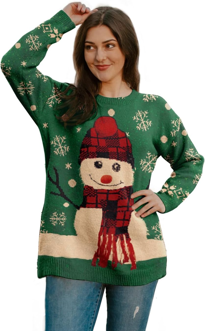 YESNO Women Christmas Sweater Graphic Printed Oversized Pullover