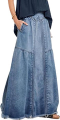 CHARTOU Women's Retro High Waist Frayed A-Line Maxi Denim Skirt - Boho