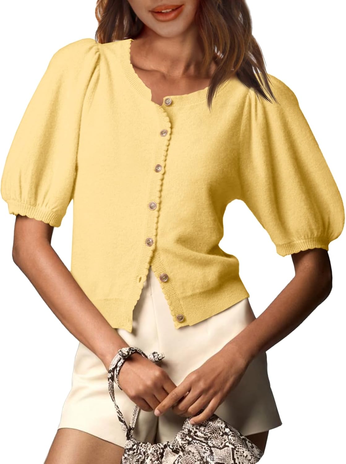 Saodimallsu Womens Puff Short Sleeve Cardigan for Summer Style