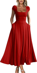 Women's Casual Square Neck Short Sleeve Maxi Dress - Flattering Flowy