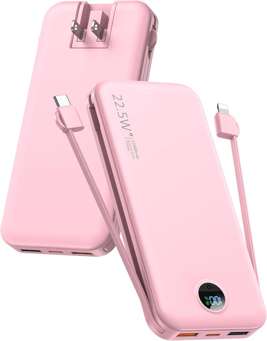 Fast Charging Travel Power Bank, 12000mAh with Built-in Cables, LED Display Pink