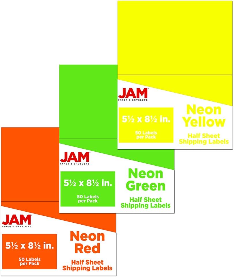 JAM PAPER Shipping Labels - Half Page Assorted Neon Colors