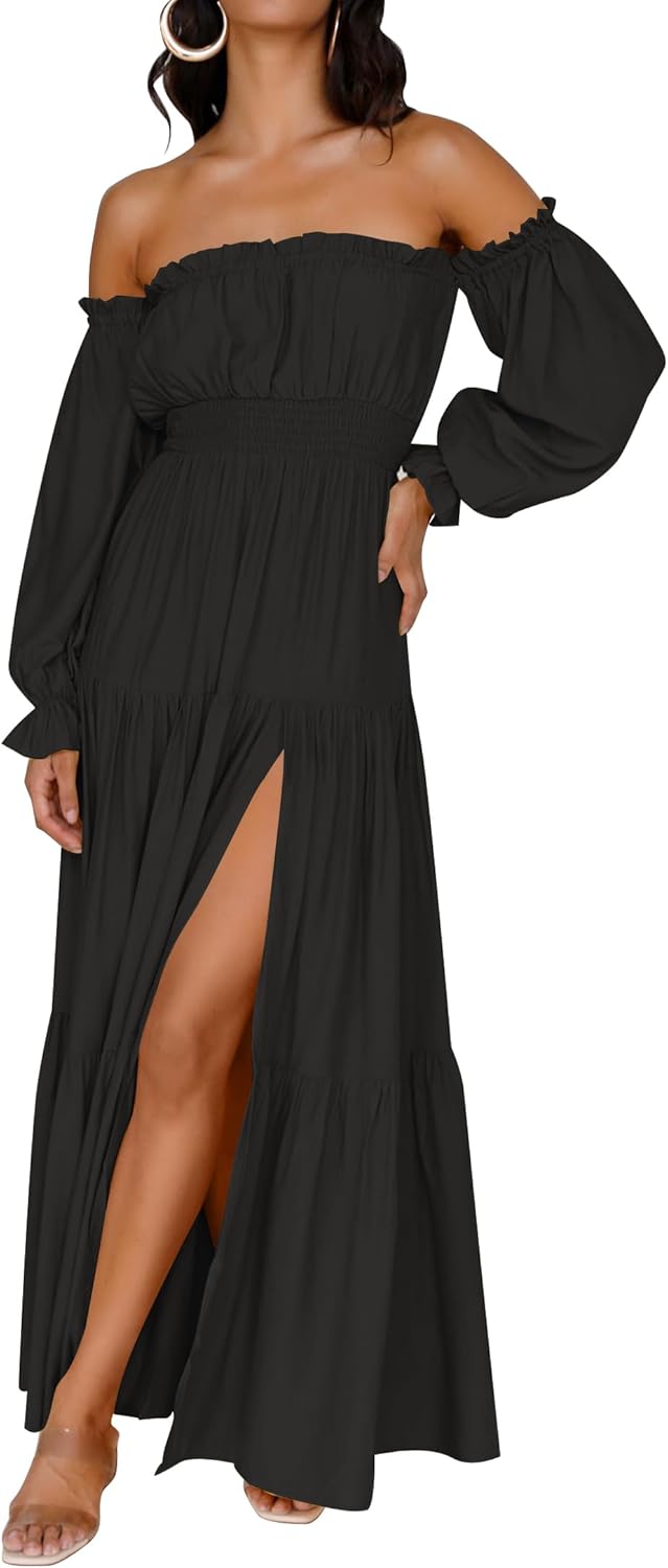 ZESICA Women's Boho Off Shoulder Long Sleeve Maxi Dress