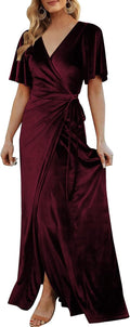 Women Wrap Velvet Maxi Dress V Neck Bell Sleeve Split - Elegant Fit
