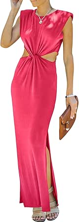Stylish Womens Side Cutout Padded Shoulder Maxi Dress for Parties