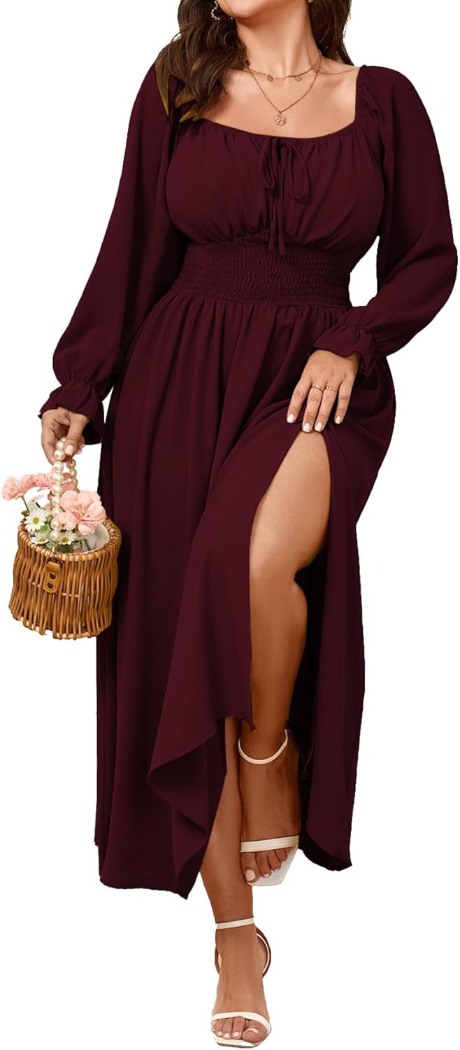 Women's Plus Size Long Sleeve Smocked A-Line Maxi Dress