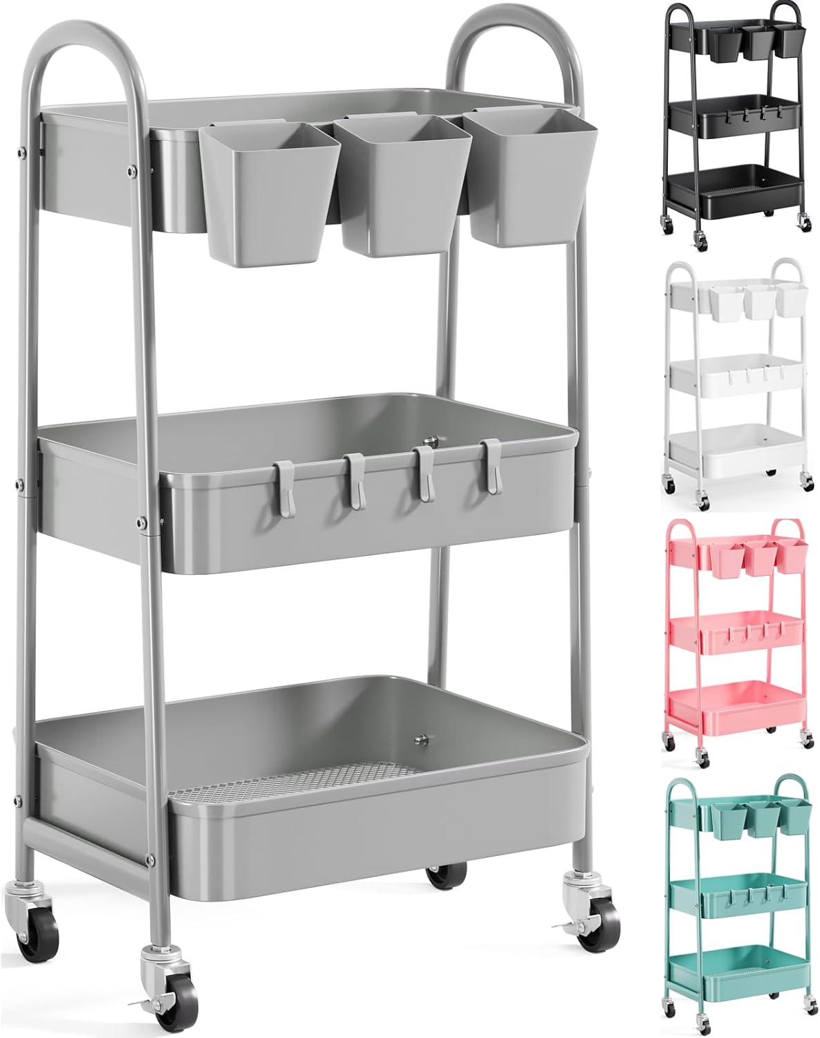 3 Tier Gray Metal Rolling Cart for Kitchen, Office, and More