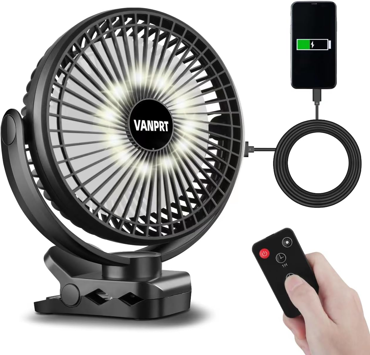 Portable Rechargeable 8'' RV Fan w/ Remote - 40H Working Time, LED Light, Timer