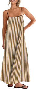 Linen Maxi Dress Contrast Spaghetti Strap Backless Slip - Casual Shy