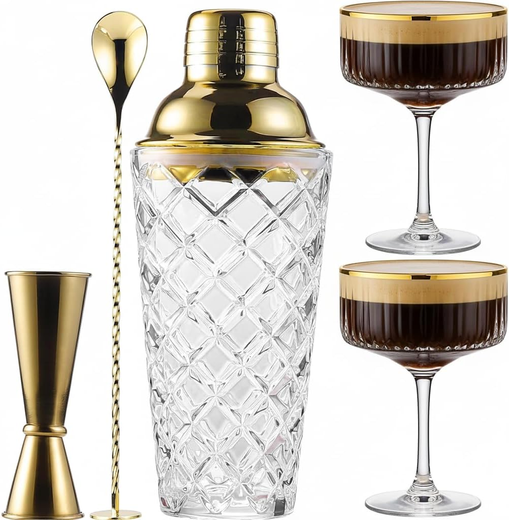Cocktail Shaker Set with Coupe Glasses for Home Bar Enthusiasts