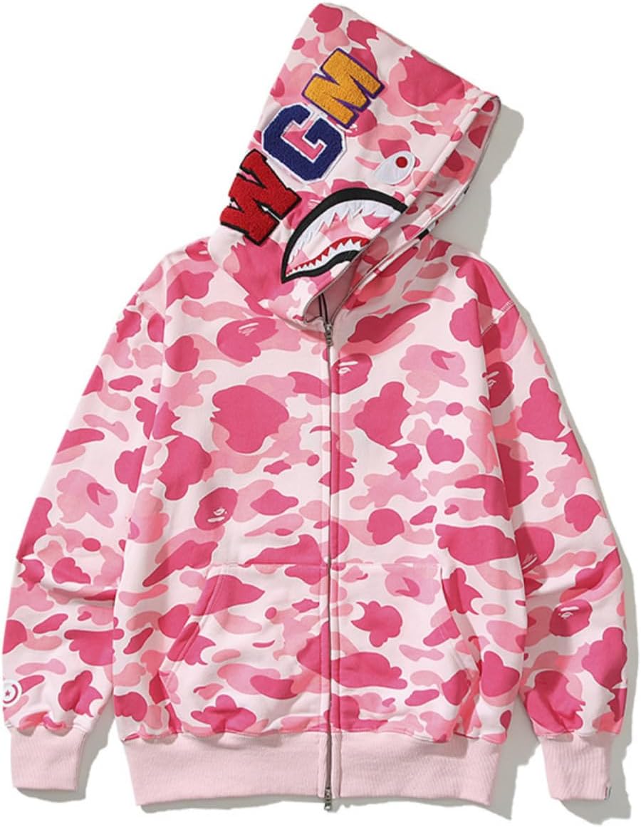 Unisex Camouflage Hoodie with Shark Embroidery for Couples