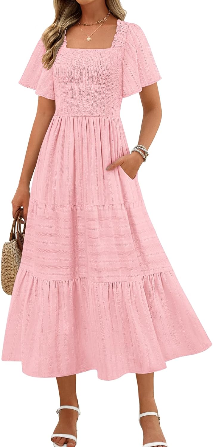 MEROKEETY Women's Summer Flowy Midi Maxi Dress with Pockets