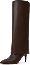 Knee High Fold Over Boots Women Pointed Toe Stiletto Heel - Wide Calf