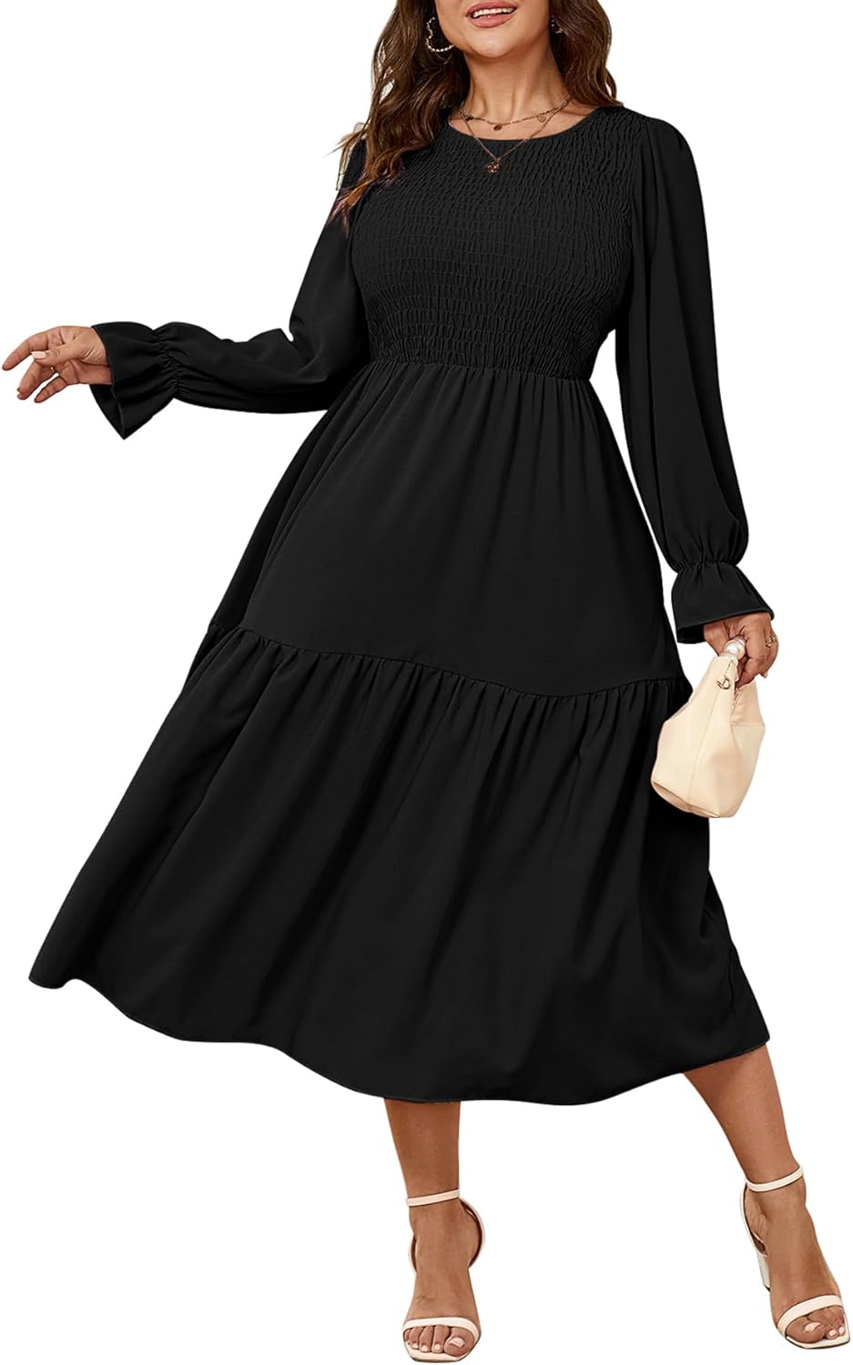 Plus Size Long Sleeve Crewneck Smocked Tiered Maxi Dress