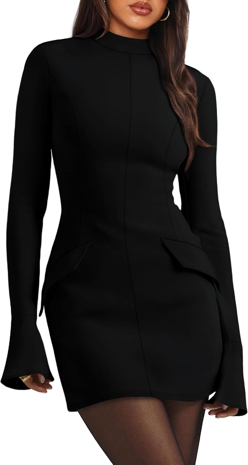 OFEEFAN Women's Fall Long Sleeve Mock Neck Bodycon Mini Dress