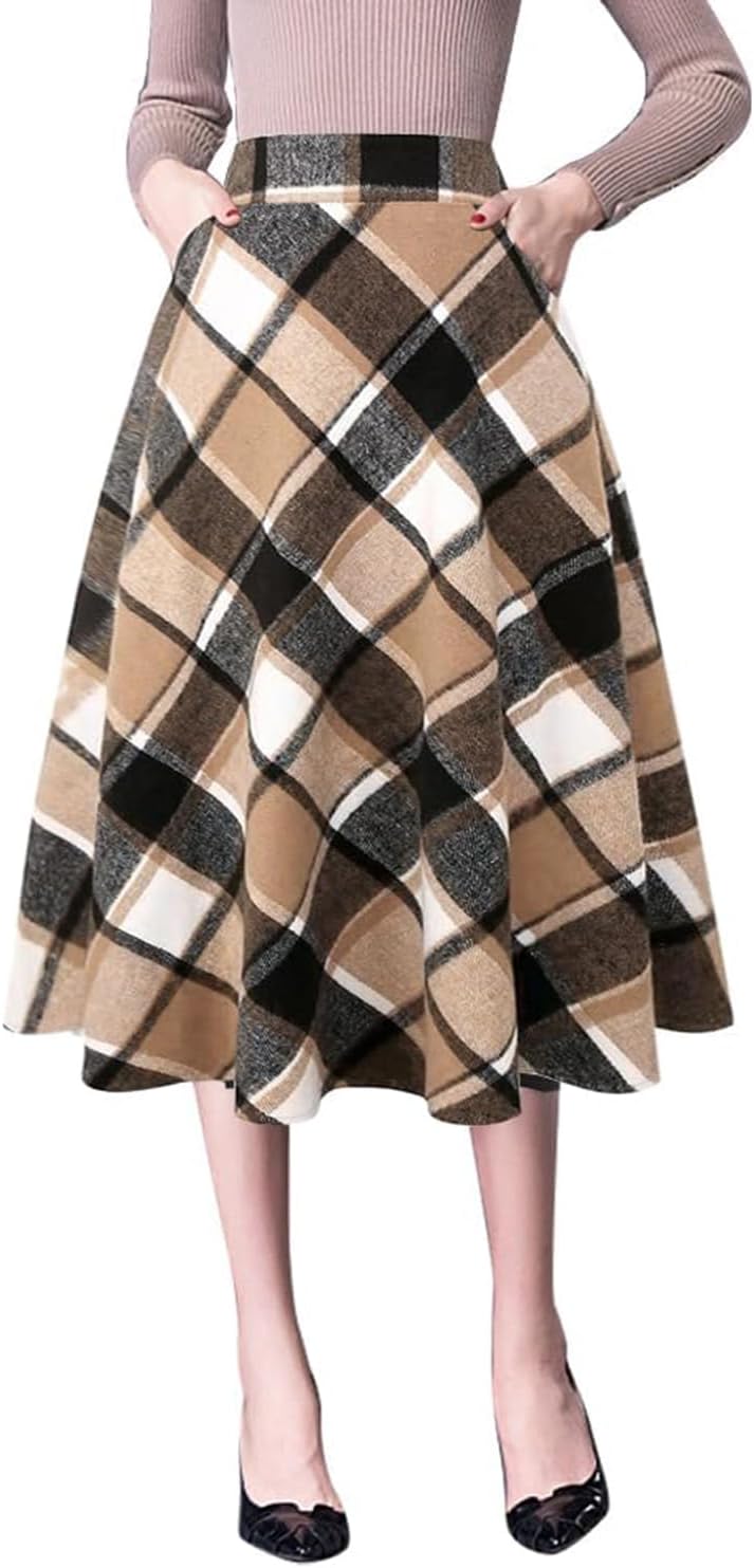 Plaid Skirts for Womens Fall Winter High Waist Aline Pleated