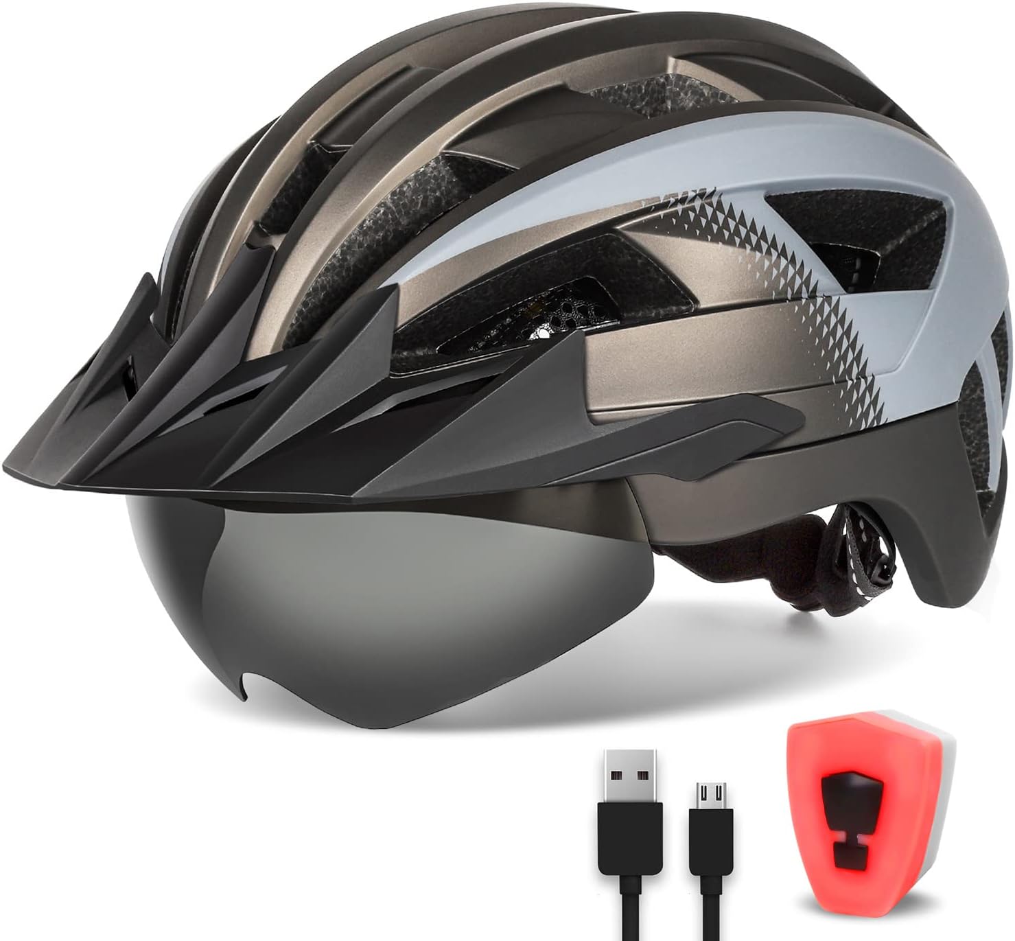 Premium Cycling Helmet with Visor, Goggles & Light