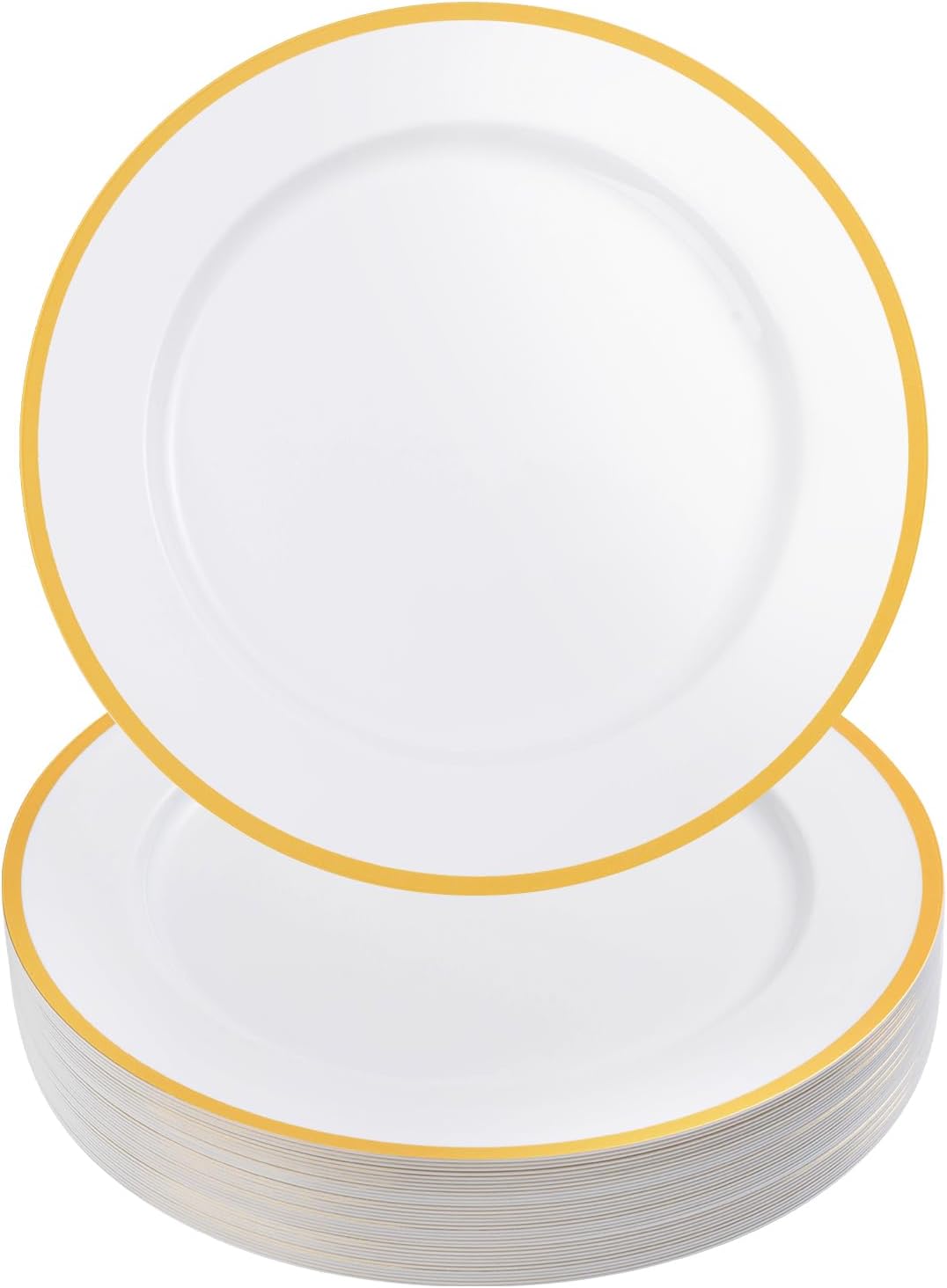 25 Pack White Charger Plates with Gold Trim - Elegant Event Decor!