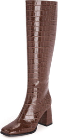 Square Toe Knee High Boots Women Chunky Heel Tall Boot (Style GNY9)