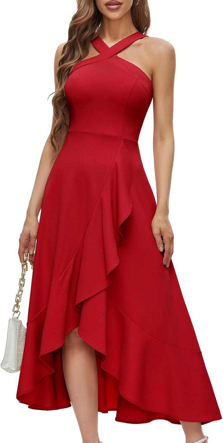 Halter Cocktail Dress for Women: Ruffled Maxi Evening Party