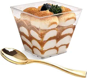 100pcs Square Plastic Dessert Cups with Mini Gold Spoons Set