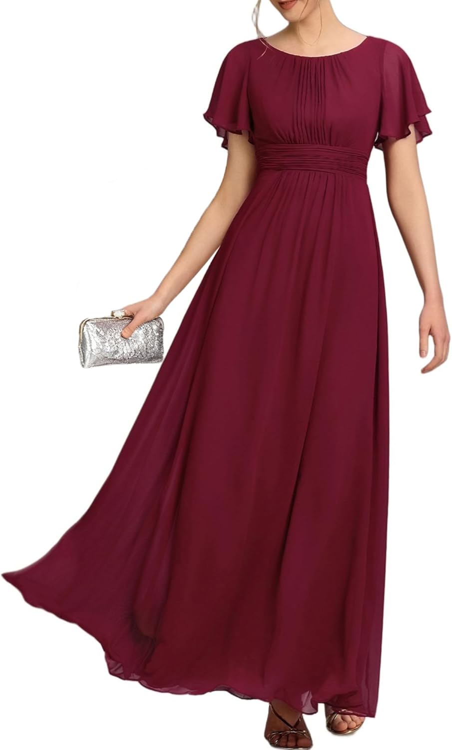 Elegant Round Neck Short Sleeves Chiffon Empire Waist Dress