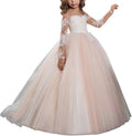 Abaowedding Lace Embroidery Sheer Long Sleeves Kids Trailing Gowns