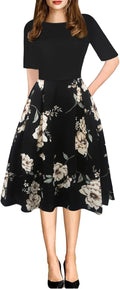 Women's Vintage Patchwork Puffy Swing Dress - Elegant Pockets