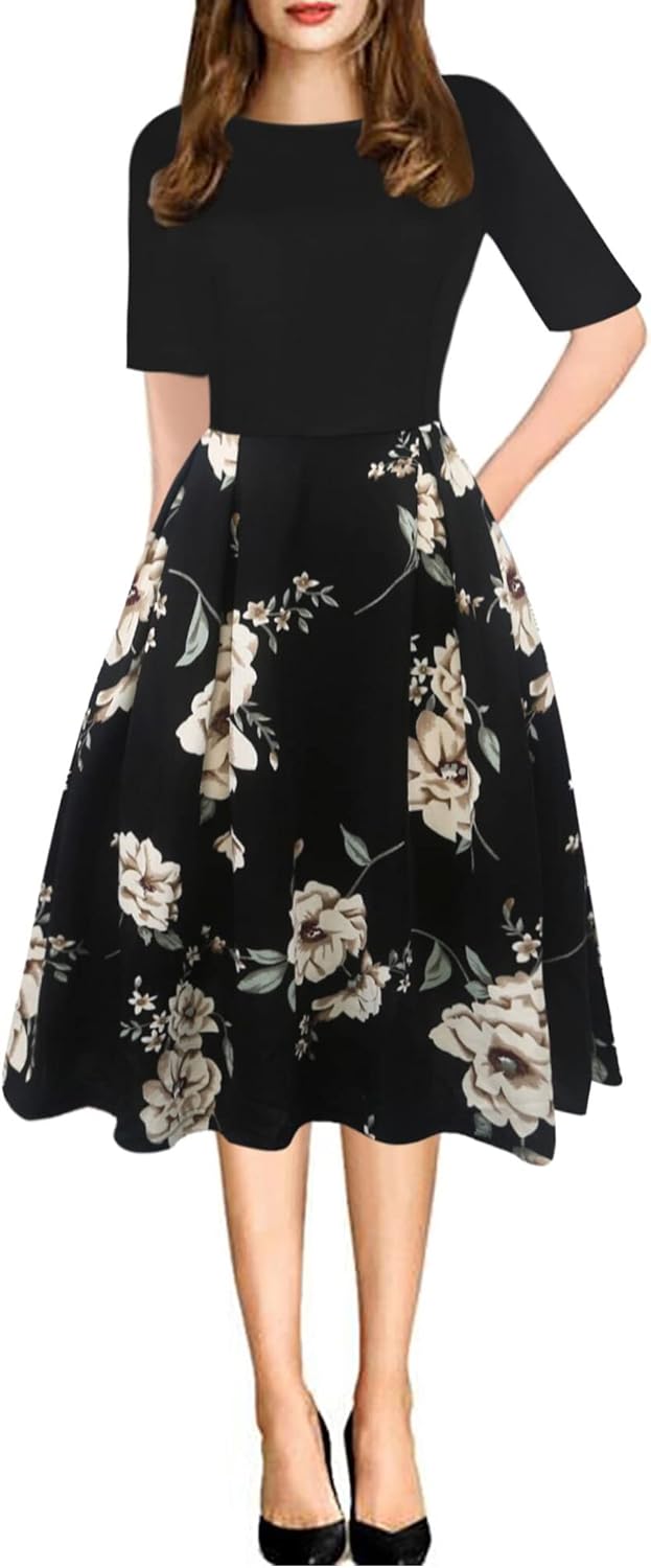 Oxiuly Women's Vintage Patchwork Pockets Swing Dress Review