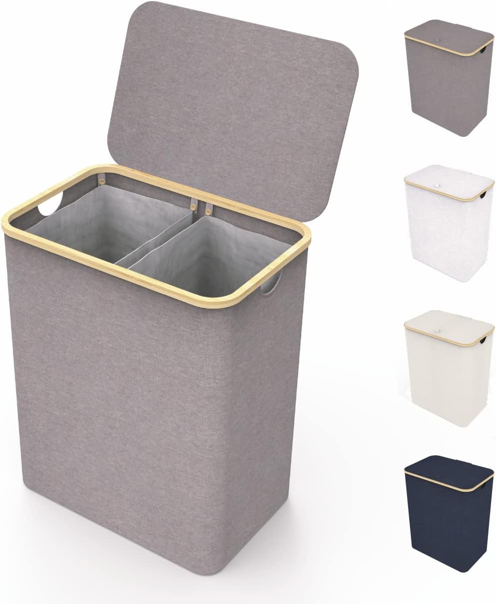 LONBET Laundry Basket with Lid - Stylish Bamboo Fabric Hamper