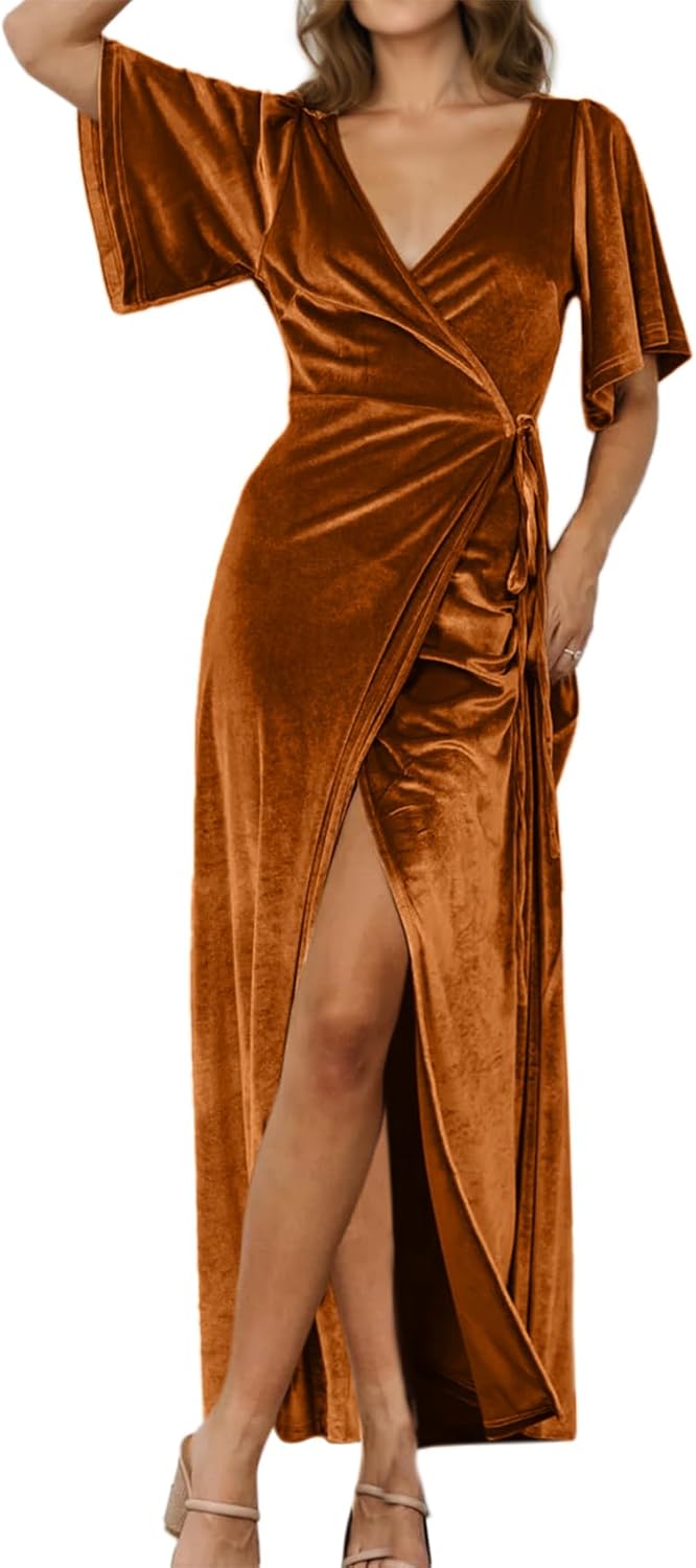 BerryGo Women's Velvet V Neck Wrap Maxi Dress for All Occasions