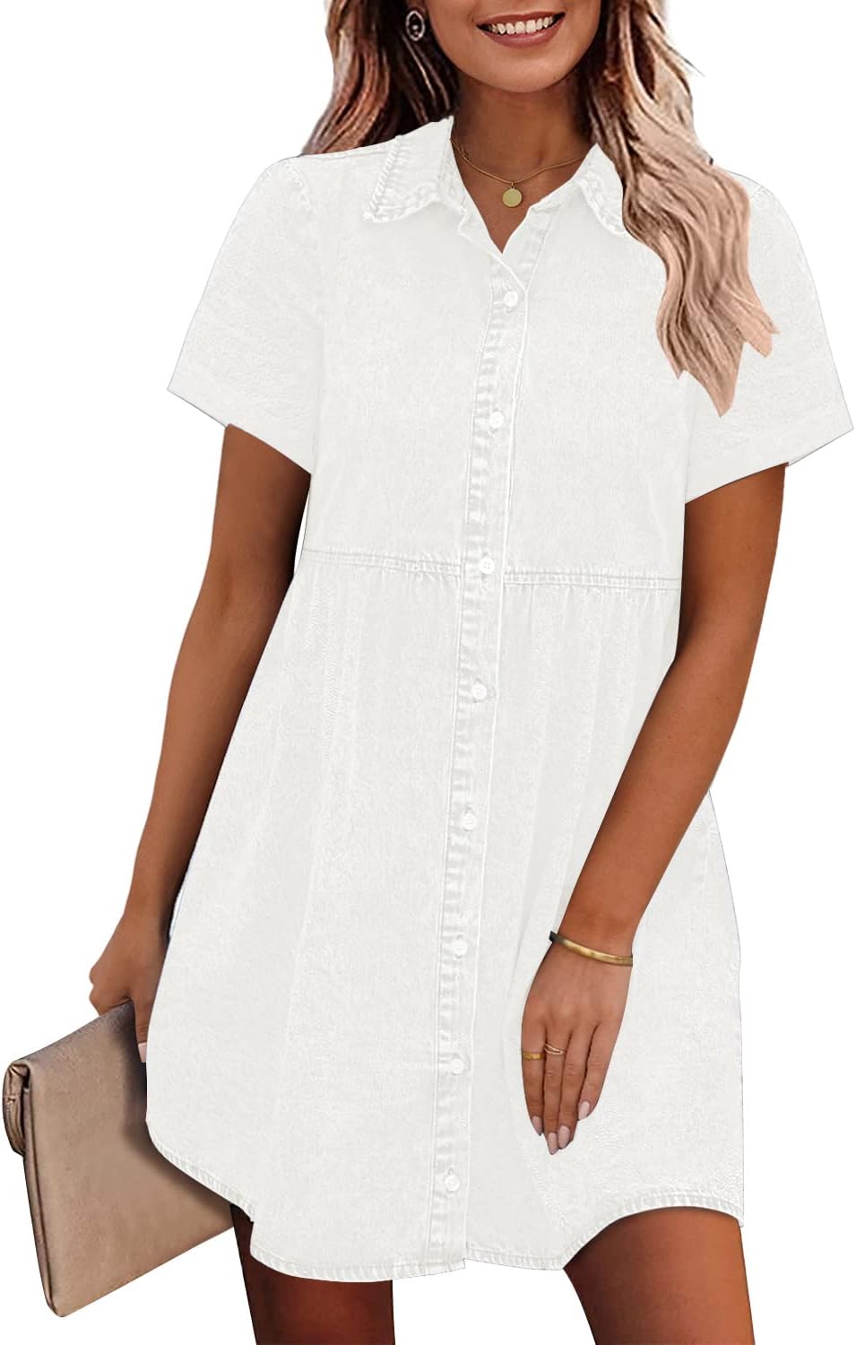 Babydoll Denim Dress for Women - Chic Tiered Button Down Style