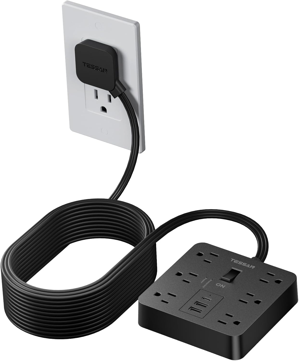 Flat Plug Extension Cord 15 Ft with 6 Outlets and USB Ports