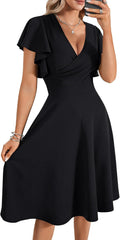 LYANER Warp V Neck Ruffle A Line Midi Dress - Flattering Everyday Fit