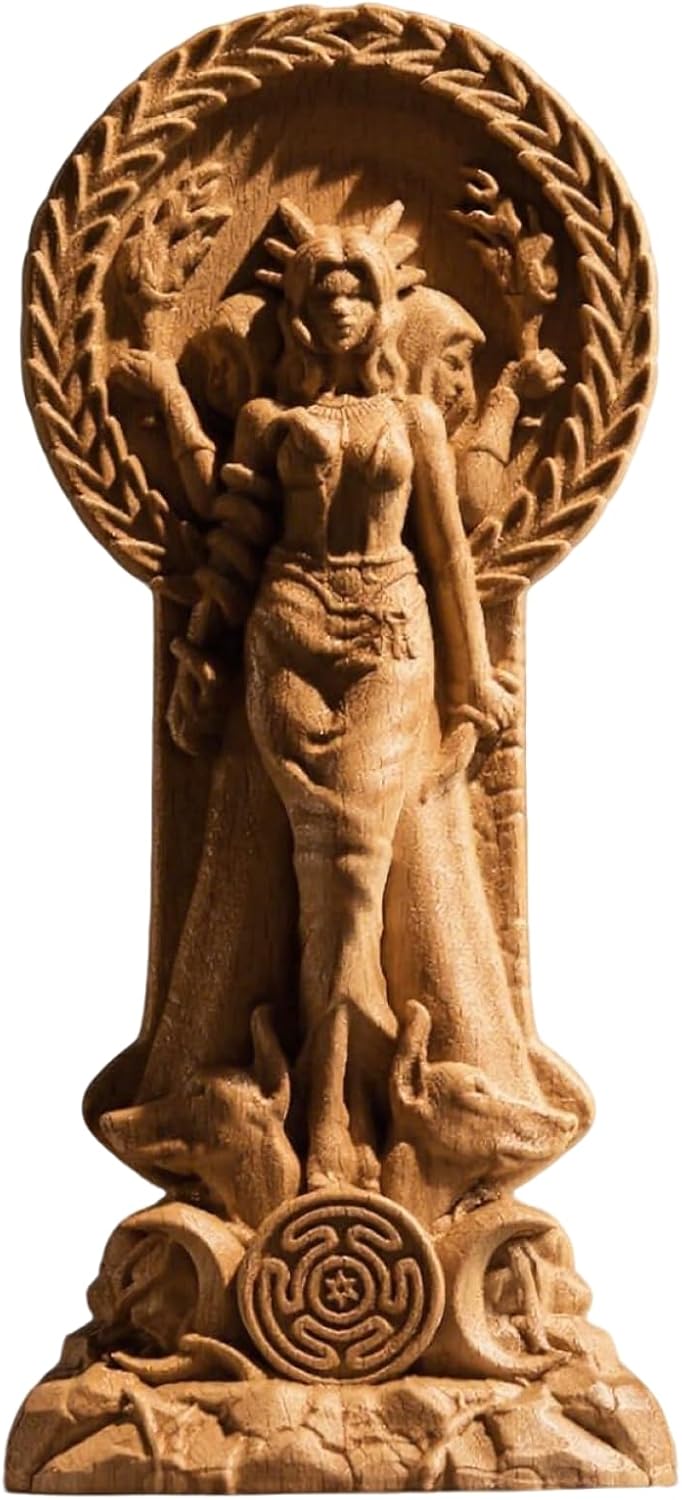 Wooden Hecate Triple Goddess Statue for Pagan Home Altar