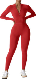 Women Long Sleeve Workout Jumpsuit Zip Up Romper - Sleek Support We