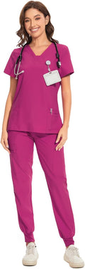 Scrubs for Women V-Neck Top & Cargo Pants - 10 Pockets Comfortable Fit