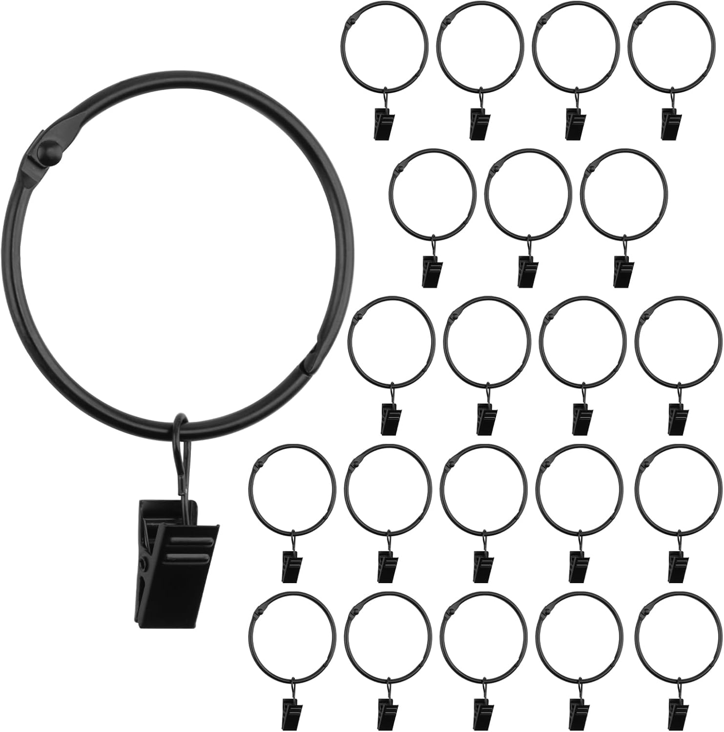 Rustproof Black Curtain Rings with Clips - Set of 50