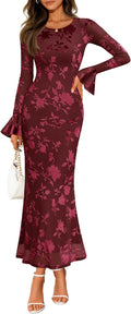 ZESICA Women's Bell Sleeve Floral Maxi Dress - Fall Bodycon