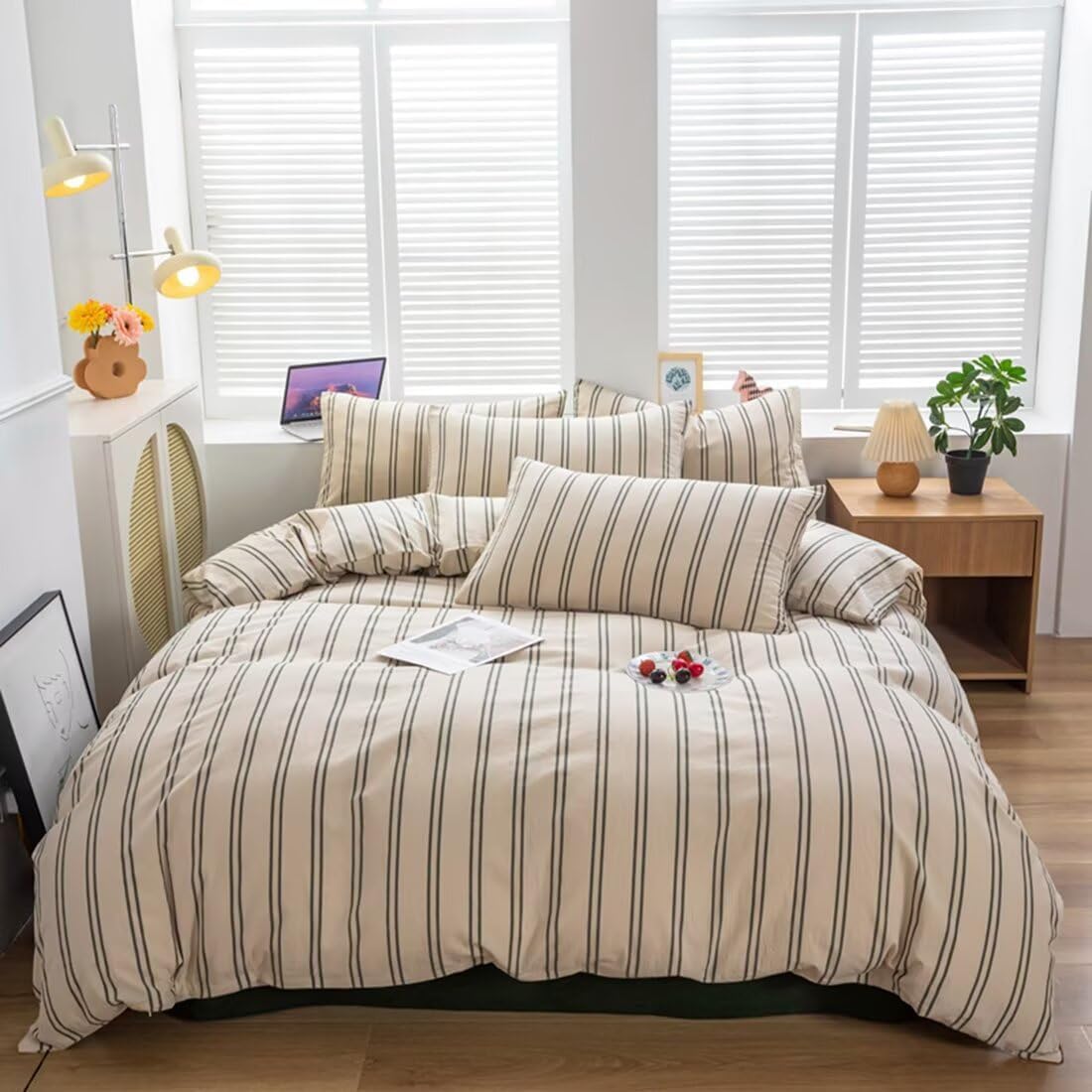 Mucalis Beige Duvet Cover King Set with Green Stripes for Comfort