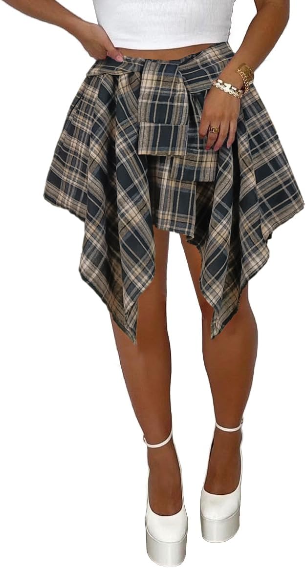 Women's Plaid Skirts High Waisted Knot Front Mini Skater Skirt