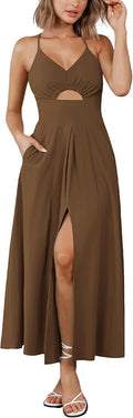 Summer Spaghetti Strap Midi Dress with Cutout - Flowy & Pockets
