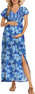 Floral Print V Neck Maternity Dress Boho - Smocked A-Line Maxi