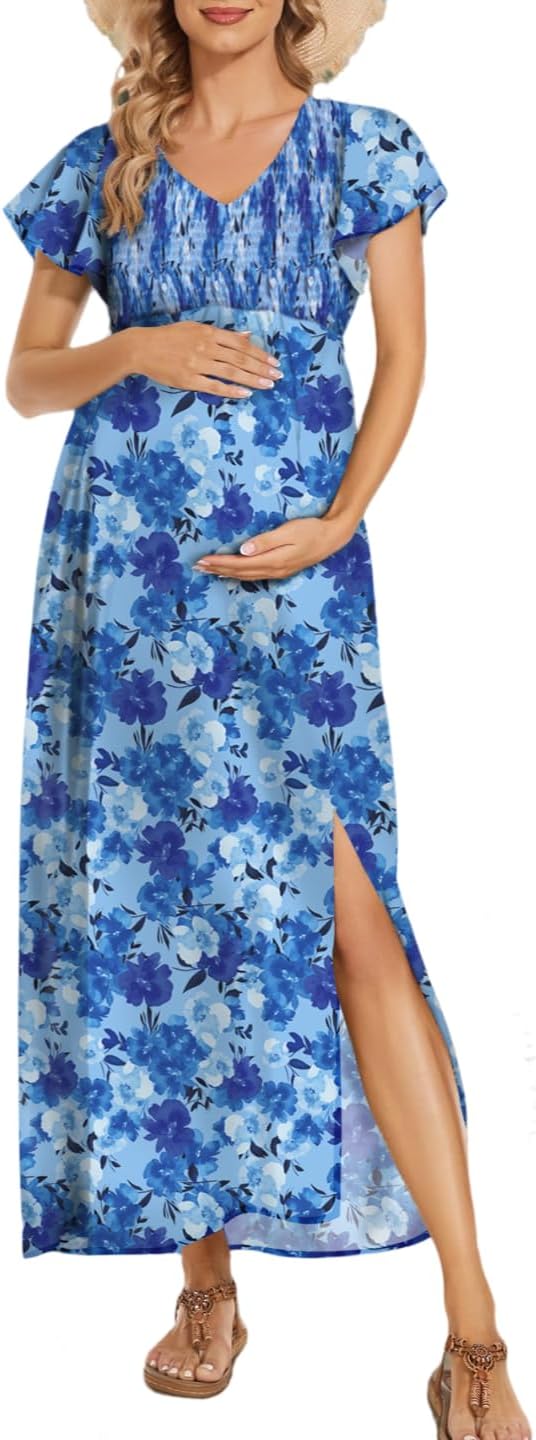 Floral Print V Neck Maternity Dress for Baby Showers & Photoshoots