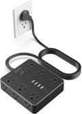 10FT Flat Plug Surge Protector Power Strip with USB-C - Black