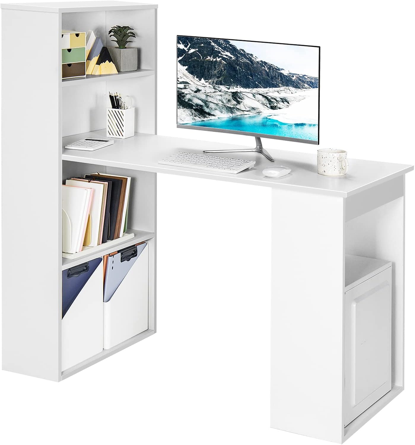 Tangkula White Computer Desk: Compact & Organized Workspace