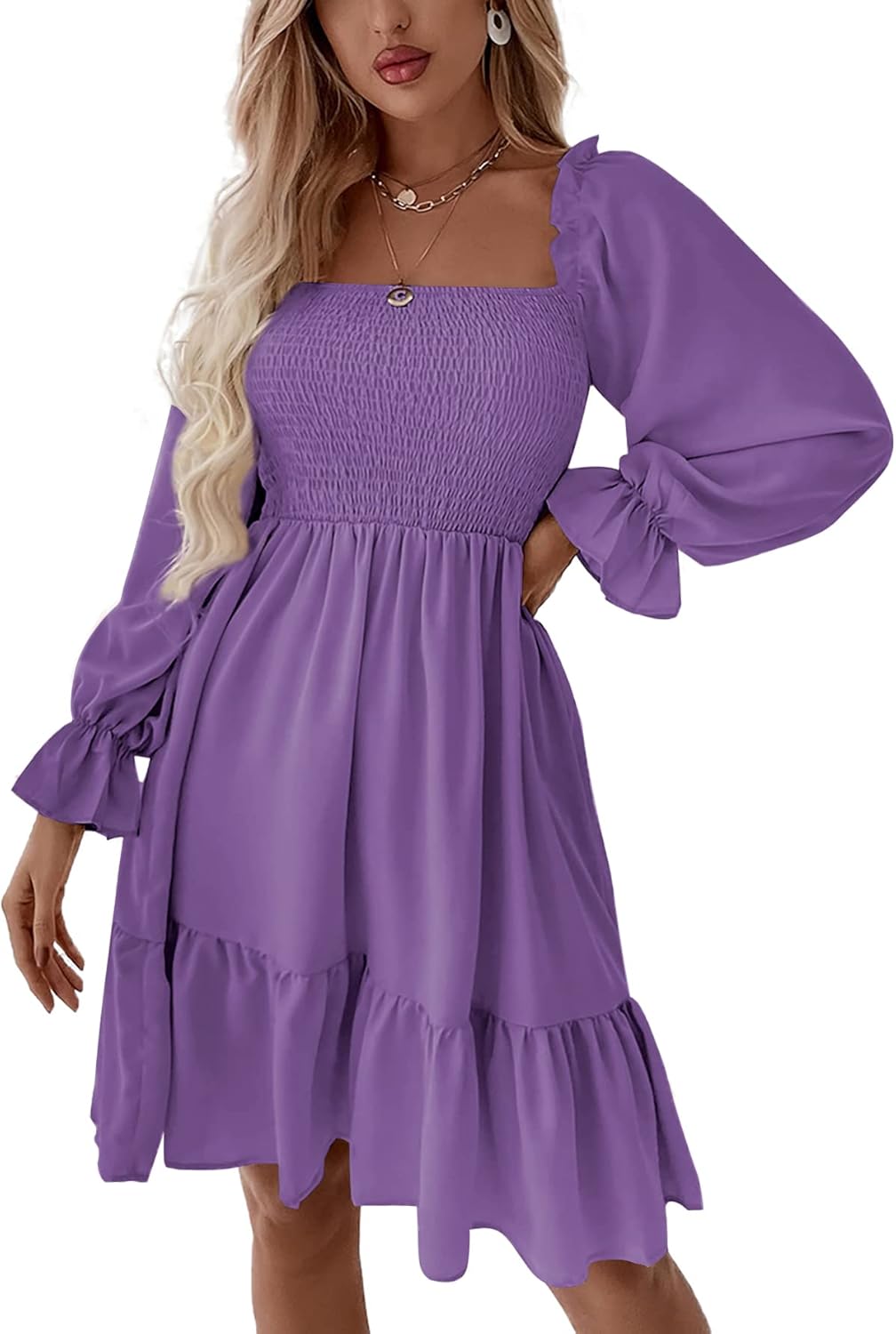 LYANER Women's Square Neck Long Sleeve Ruffle Mini Dress